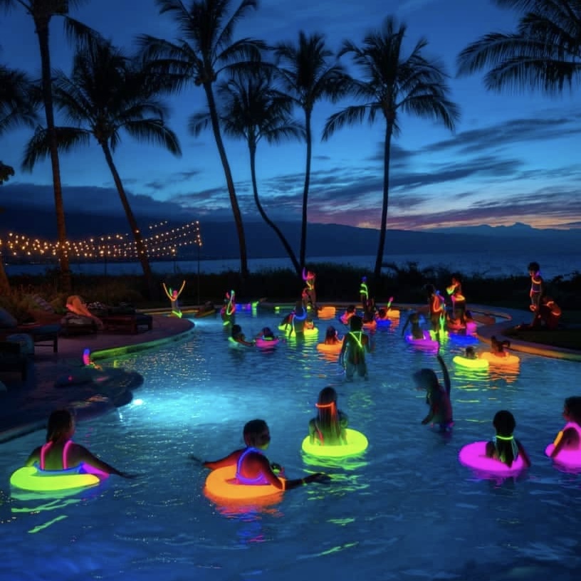 Pool party chic et nocturne avec des personnes se baignant dans une piscine éclairée, entourée de palmiers